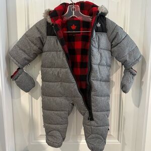 Canadiana Gray and Red Kids One Piece Snowsuit With Mittens